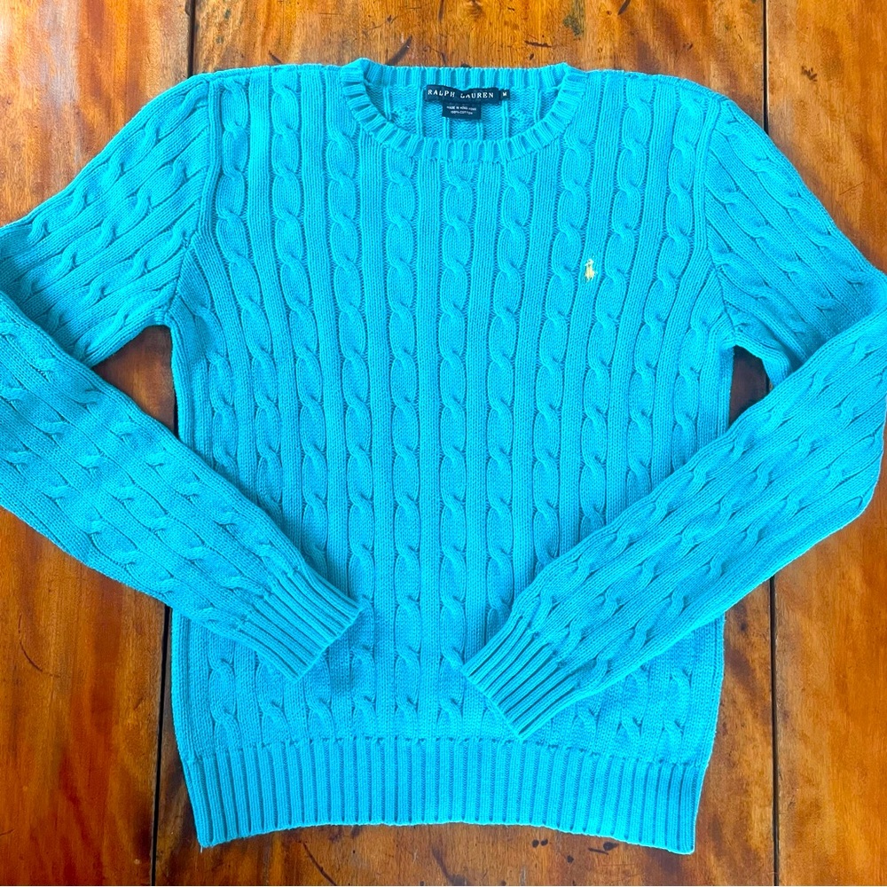 Polo by Ralph Lauren Women's Turquoise Blue Cotton Cable Knit Sweater